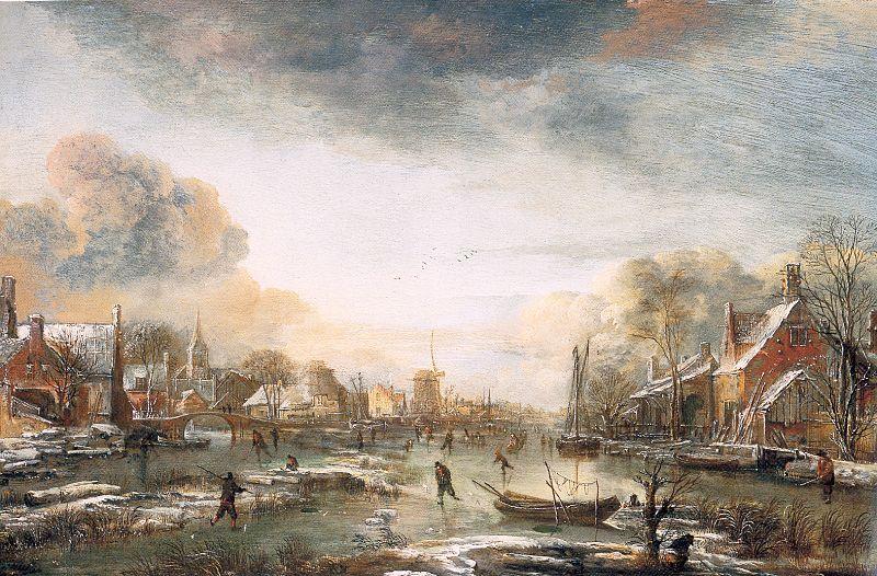 Aert van der Neer A Frozen River by a Town at Evening oil painting image